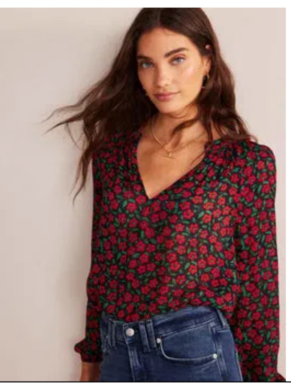 Boden Grace Top Red Floral V-Neck Long-Sleeve Blouse Women’s 14